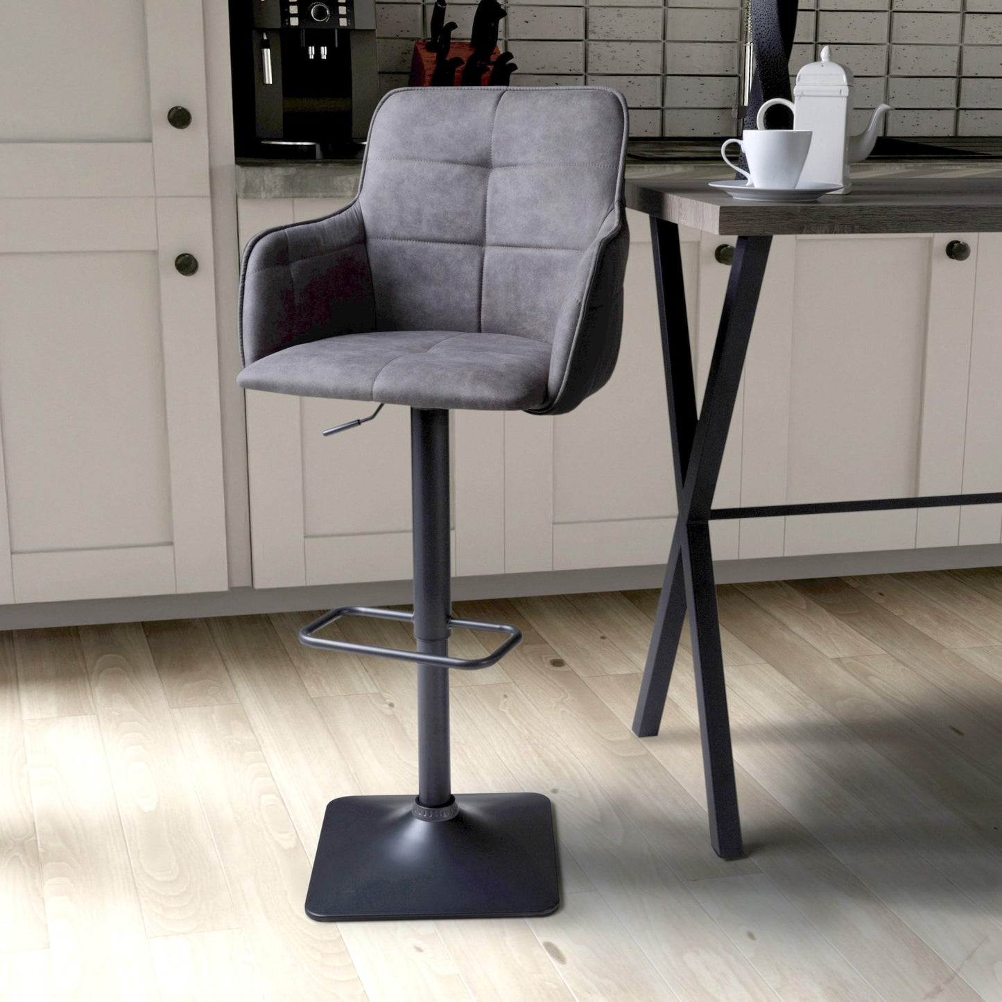 Pair of Odenia Bar Stools – Dual-Tone Suede Effect with Swivel & Height Adjustment