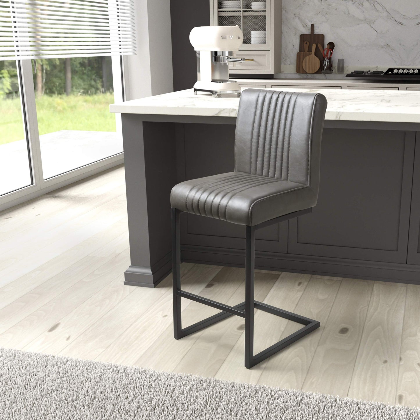 Pair of Arthur Bar Stools – Grey Leather Effect & Cantilever Legs