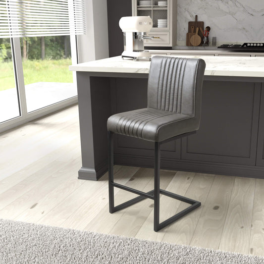 Pair of Arthur Bar Stools – Grey Leather Effect & Cantilever Legs