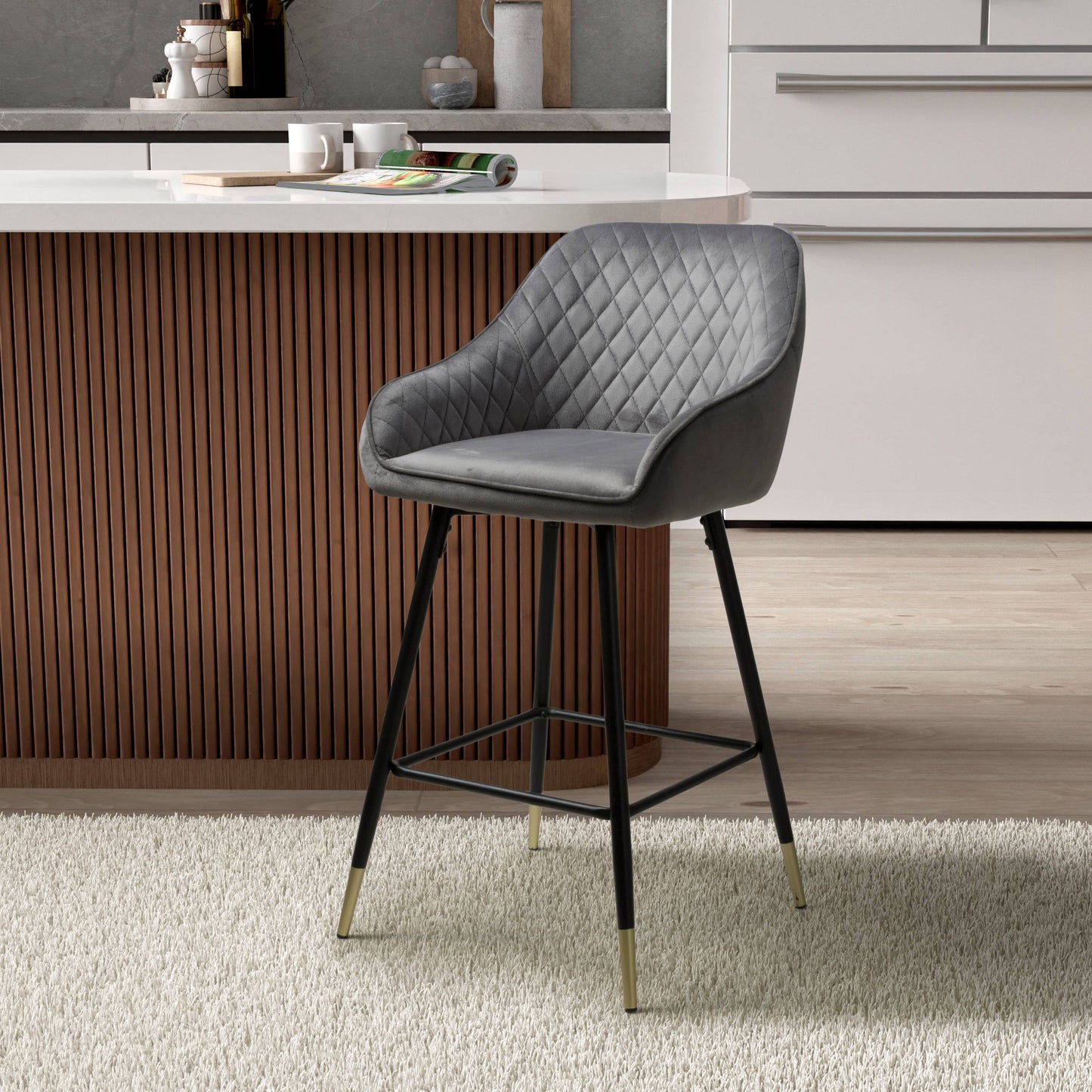 Pair of Gabby Bar Stools – Brushed Velvet with Gold Detail (3 Colours)