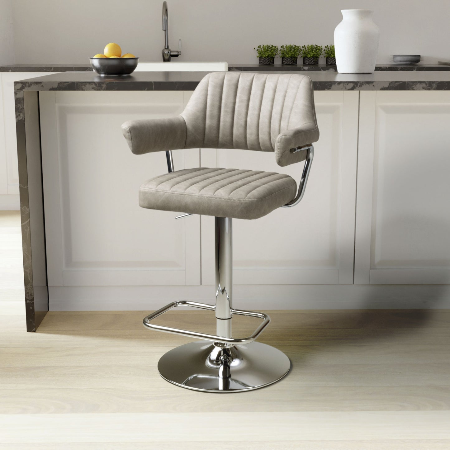 Pair of Celeste Bar Stools – Leather Effect with Chrome Base & Swivel