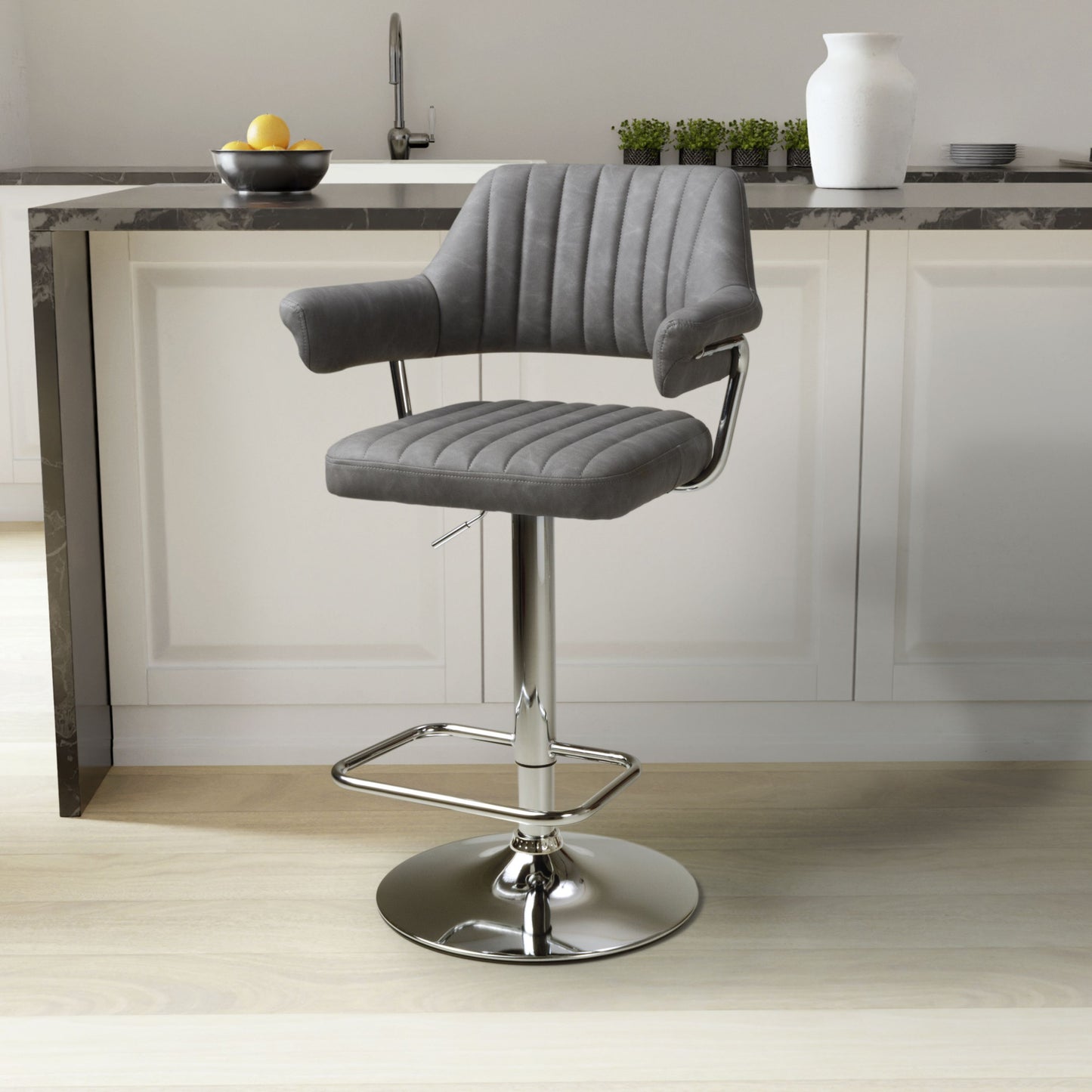 Pair of Celeste Bar Stools – Leather Effect with Chrome Base & Swivel