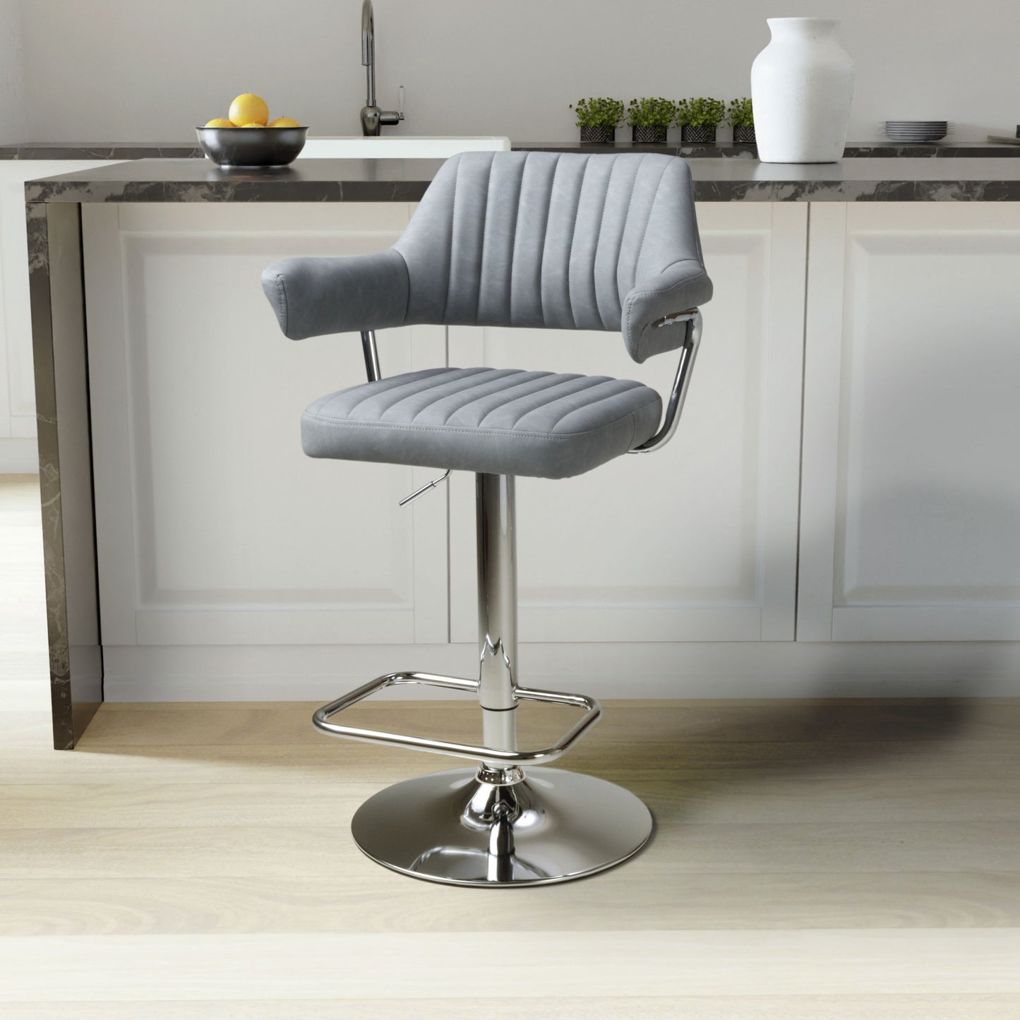 Pair of Celeste Bar Stools – Leather Effect with Chrome Base & Swivel