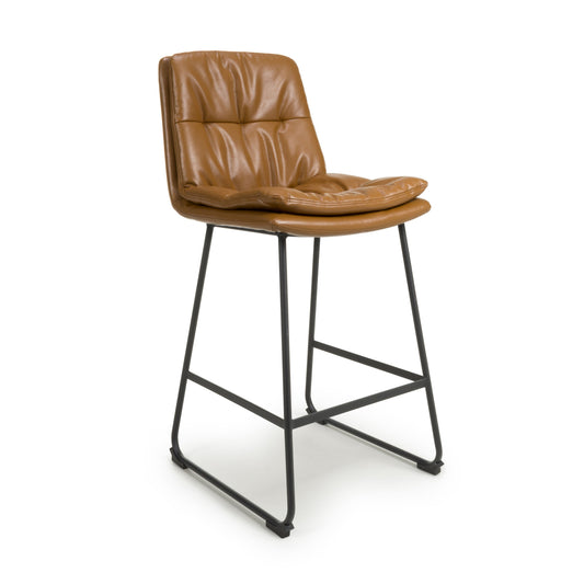 Pair of Audrey Bar Stools – Tan Leather Effect with Black Legs