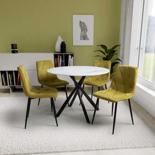 Avensis White Round Marble 1m Dining Table with 4 Velvet Dining Chairs
