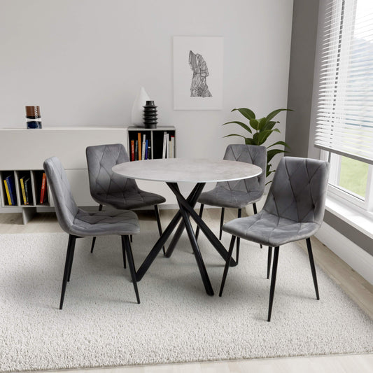 Avensis Round Grey Marble 1m Dining Table with 4 Velvet Dining Chairs - Various Colours
