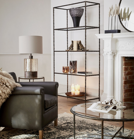 Harrington Hand Forged Shelving Unit Table – Dark Bronze with Glass Shelves