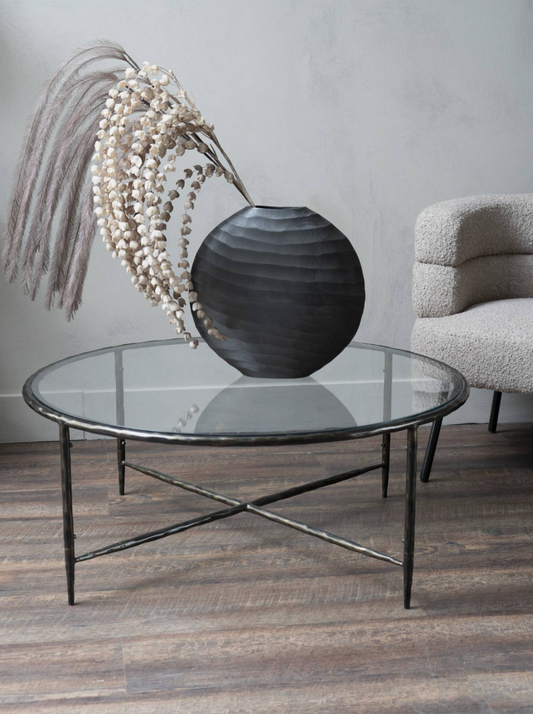 Harrington Hand-Forged Round Coffee Table – Dark Bronze with Glass Top