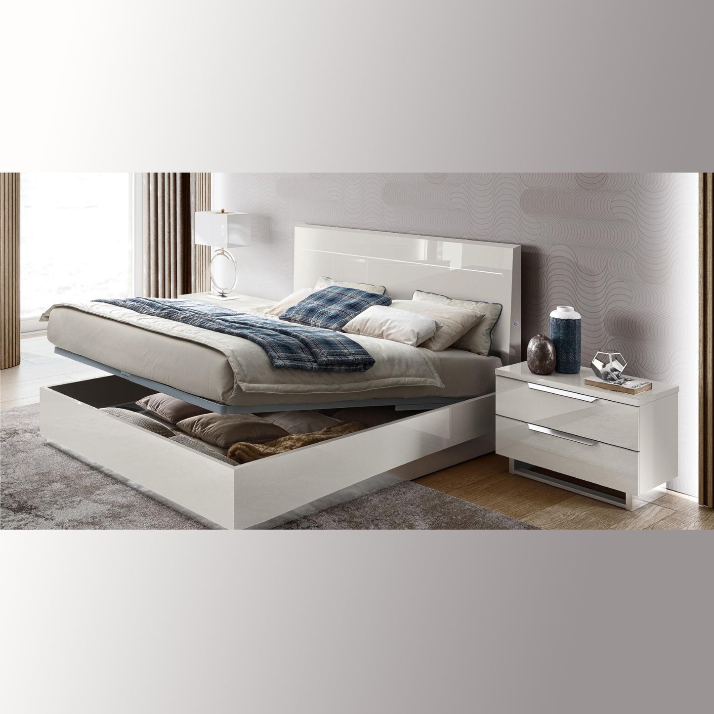 KARA High Gloss Bed – White with LED Headboard & Storage Options