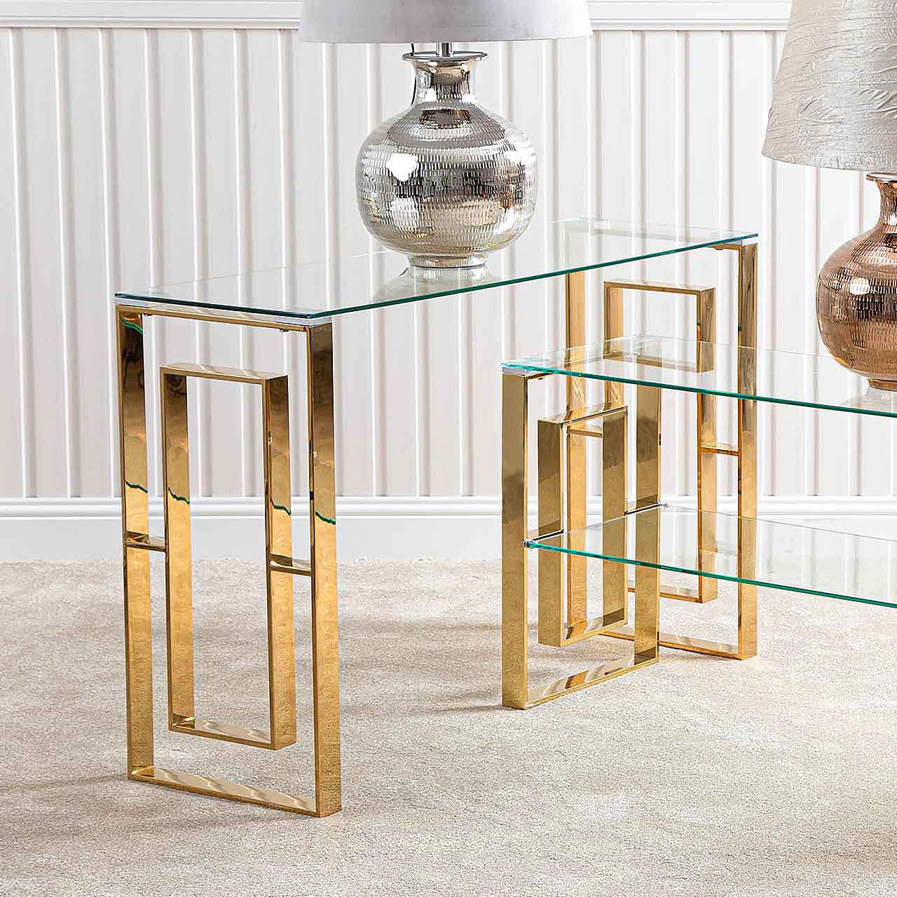 Artis Gold Metal Glass Console Table with Tempered Glass Top