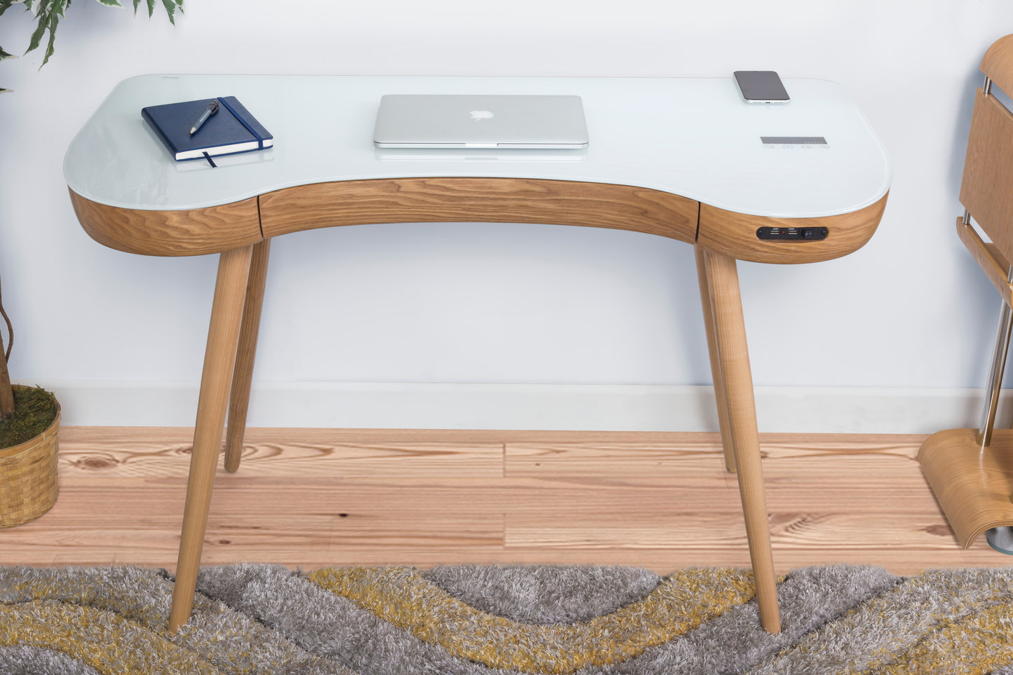 Oakland Ash Wood & White Glass Desk with Wireless Charger & Speakers