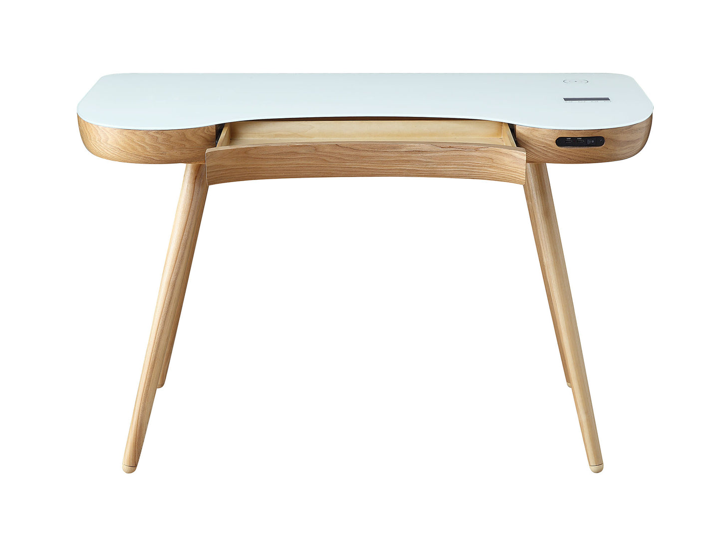 Oakland Ash Wood & White Glass Smart Desk with Speakers & Charger