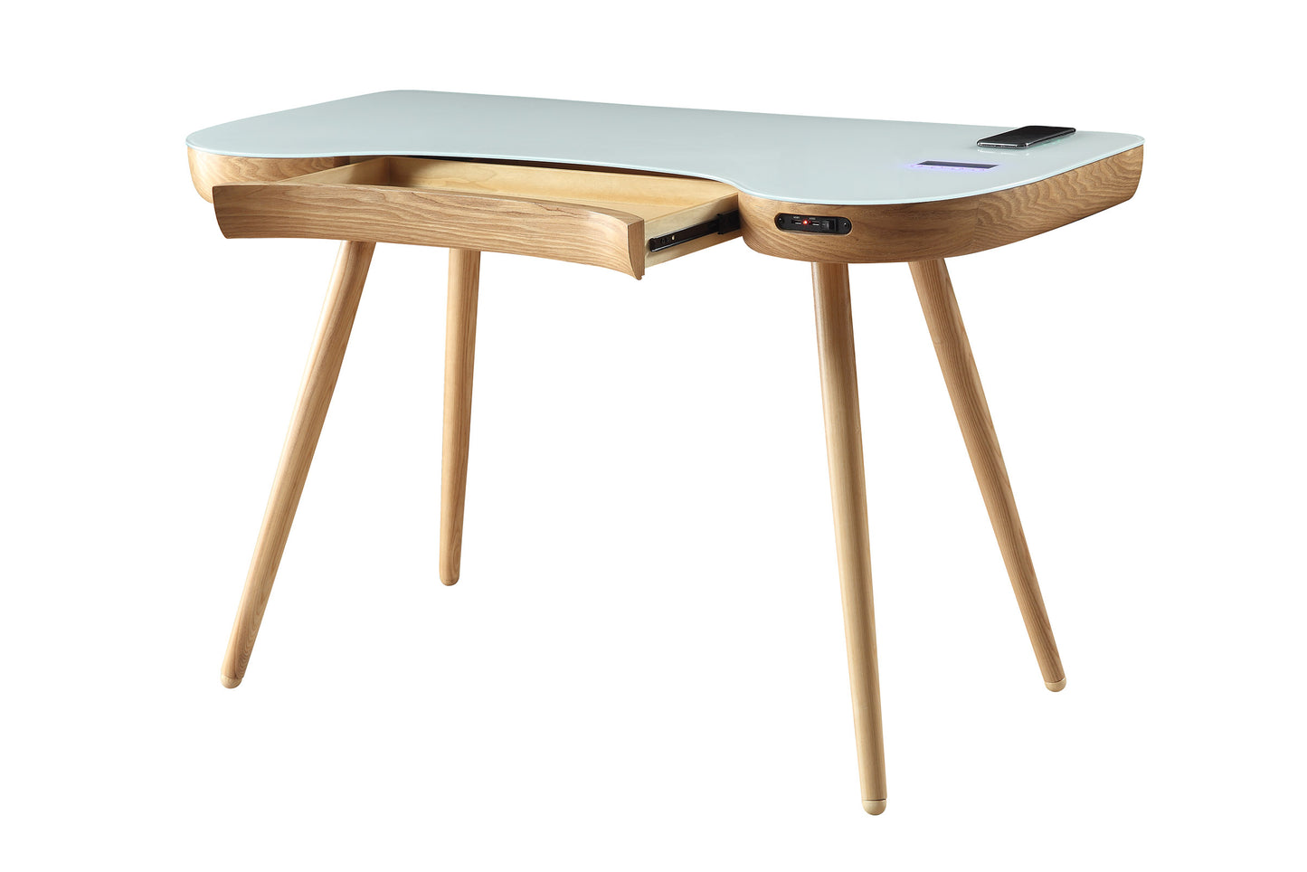 Oakland Ash Wood & White Glass Smart Desk with Speakers & Charger