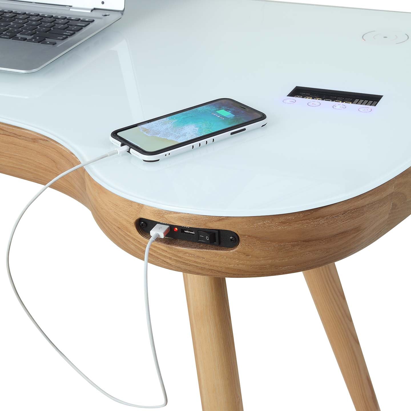 Oakland Ash Wood & White Glass Smart Desk with Speakers & Charger