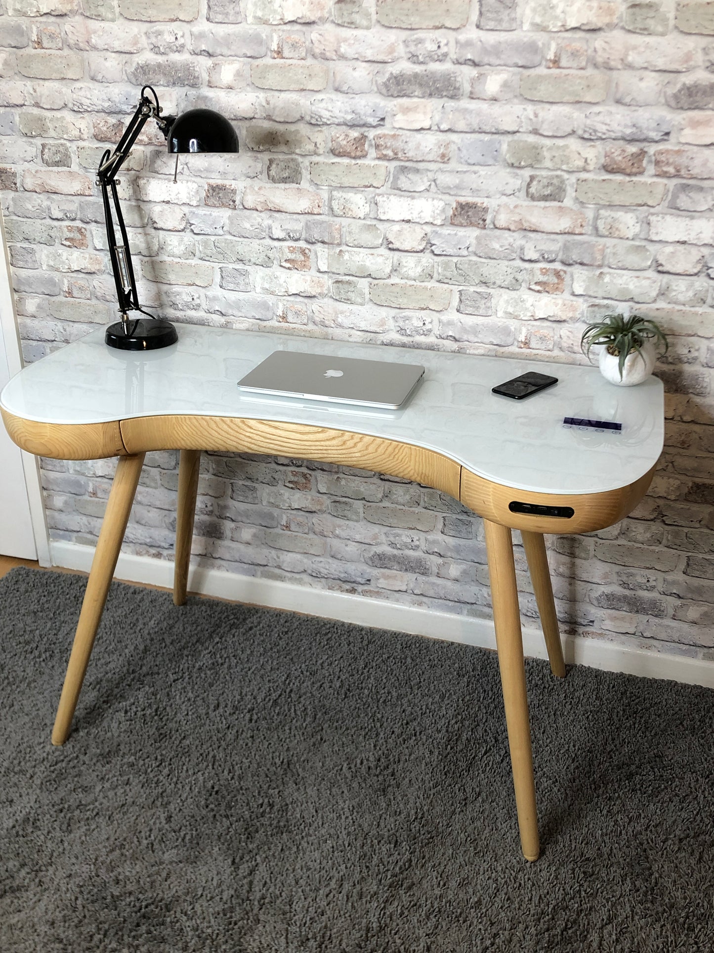 Oakland Ash Wood & White Glass Smart Desk with Speakers & Charger