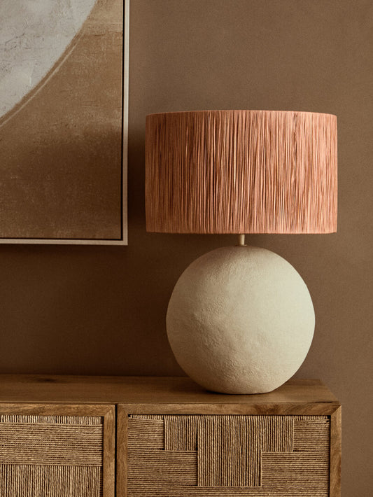 Paloma Natural Papier Mâché Table Lamp with Rust Raffia Shade