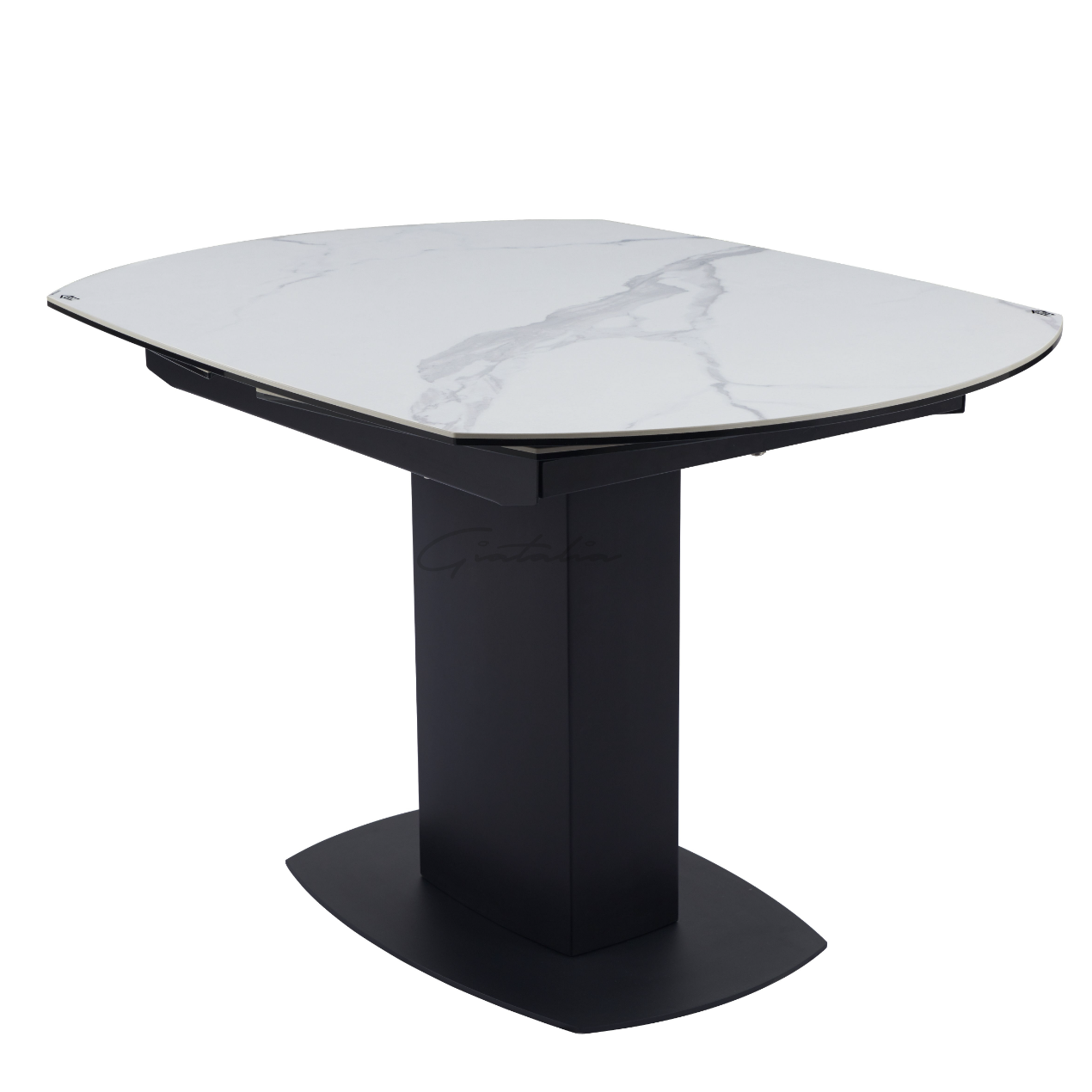 Rita Swivel Extendable Dining Table – White Ceramic Marble Top with Stainless Steel Base