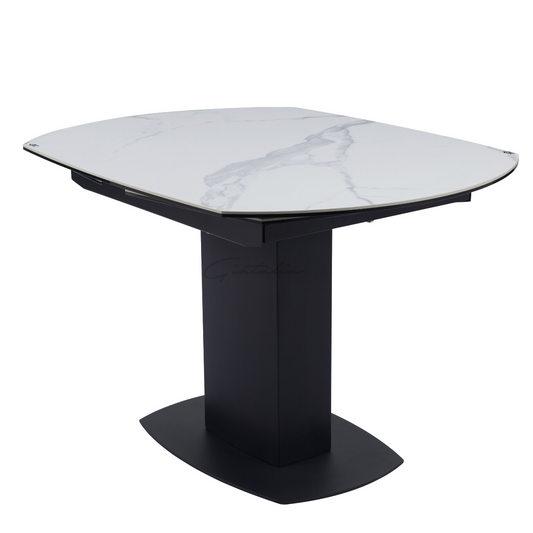 Rita Swivel Extendable Dining Table – White Ceramic Marble Top with Stainless Steel Base