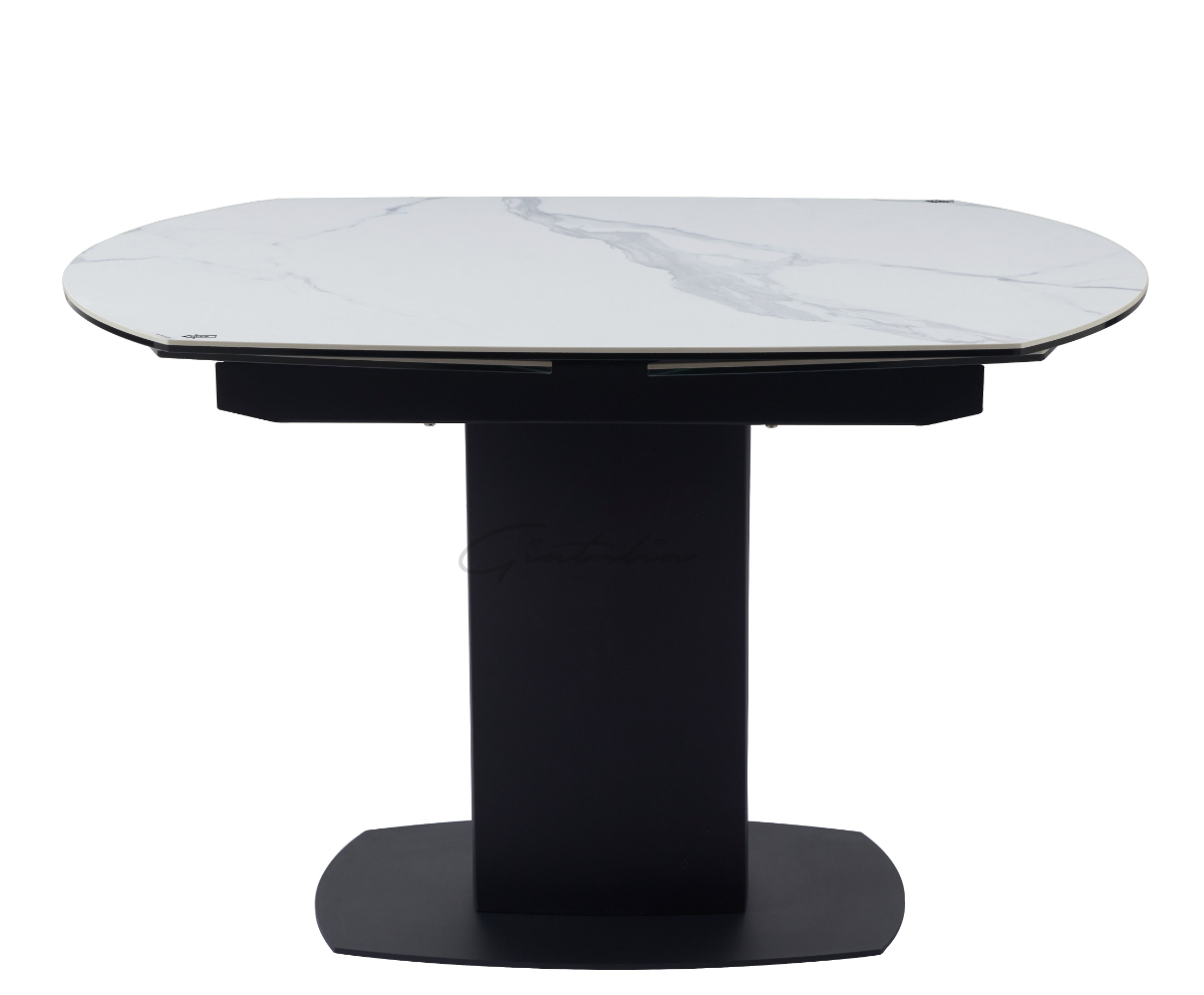 Rita Swivel Extendable Dining Table – White Ceramic Marble Top with Stainless Steel Base