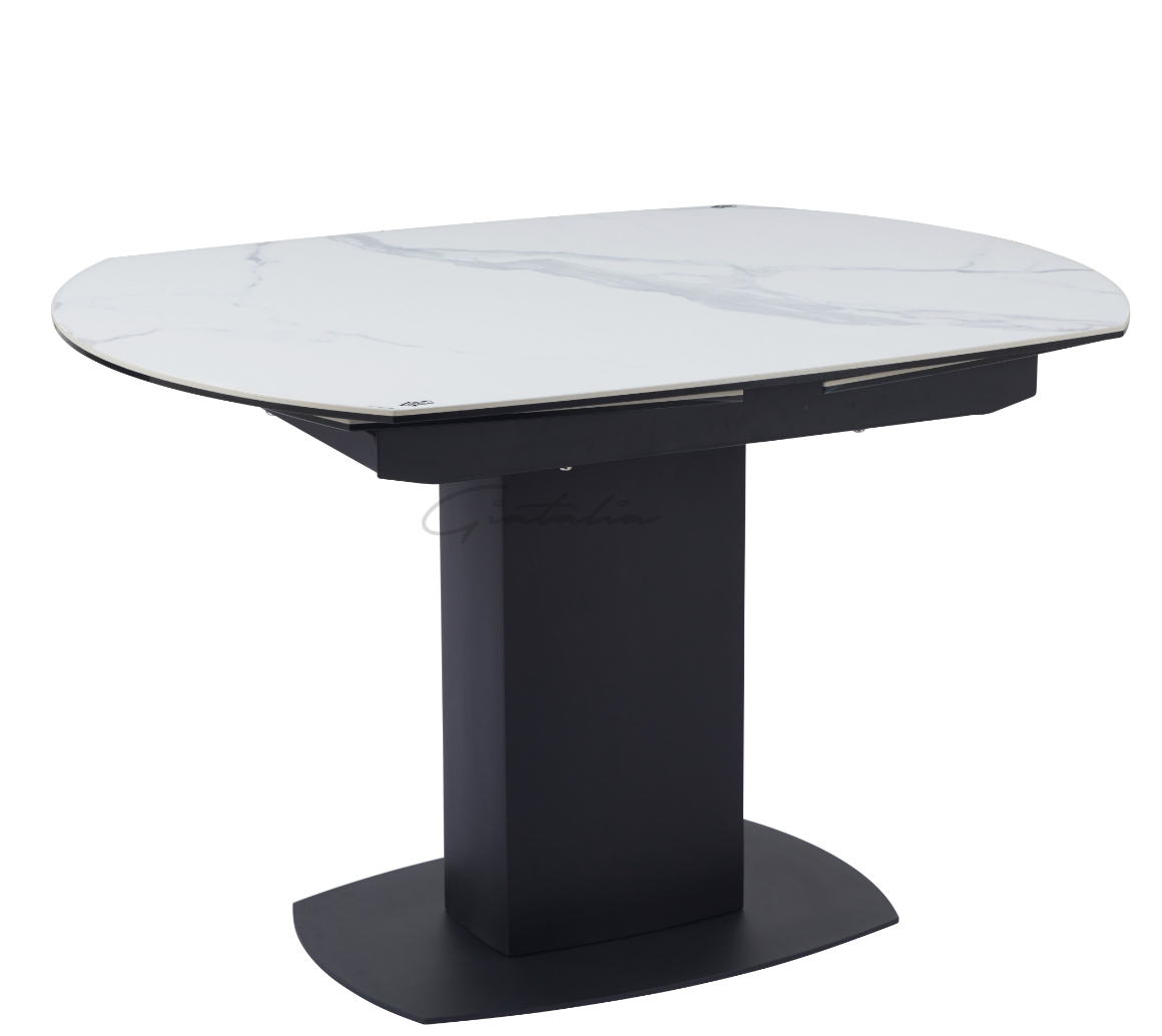 Rita Swivel Extendable Dining Table – White Ceramic Marble Top with Stainless Steel Base