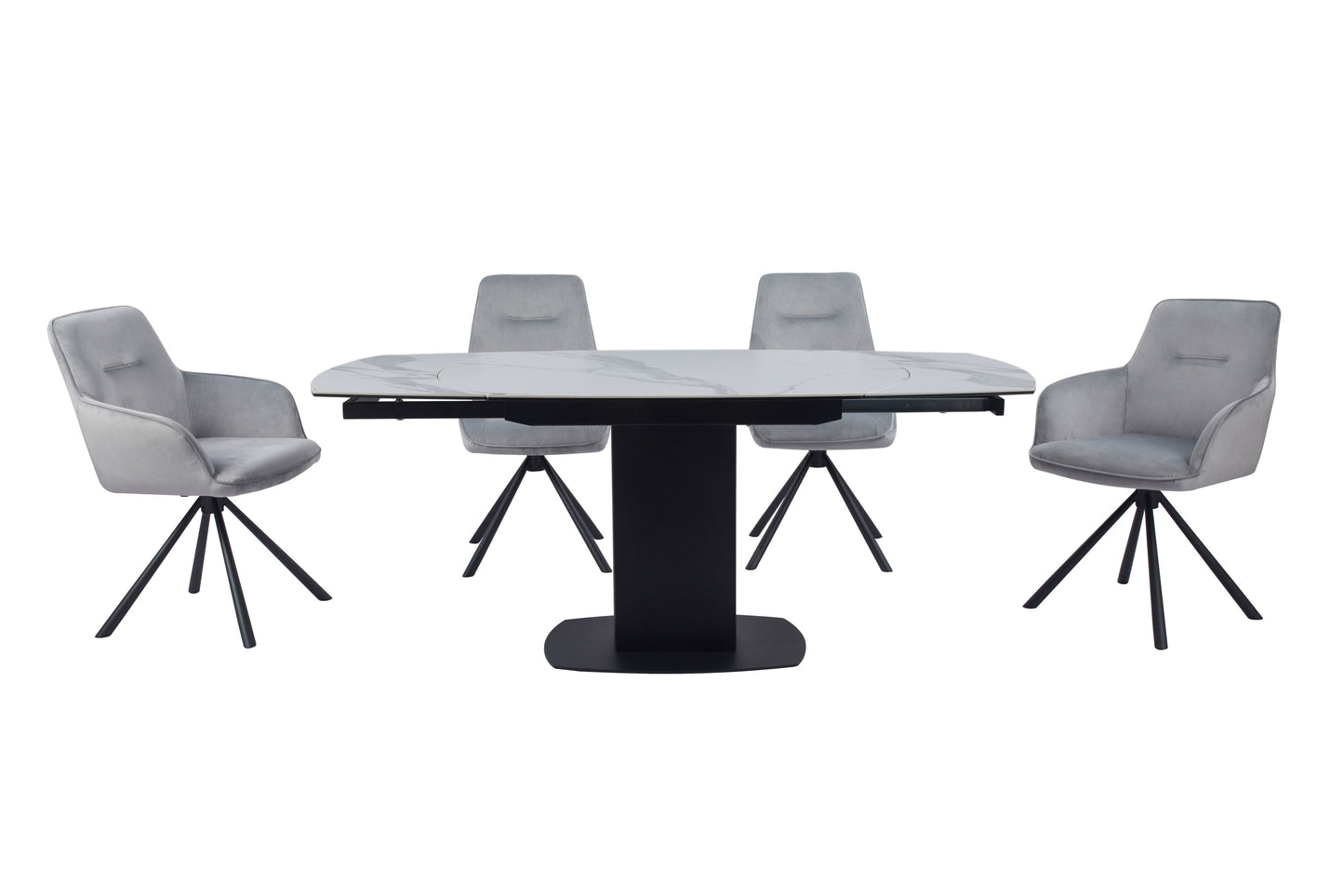Rita Swivel Extendable Dining Table – White Ceramic Marble Top with Stainless Steel Base