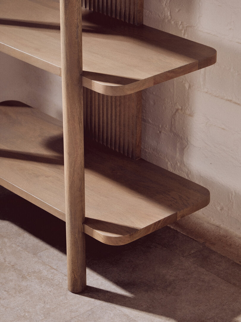 Marcel Grey Mango Wood Bookshelf with Ridge Design – Side View