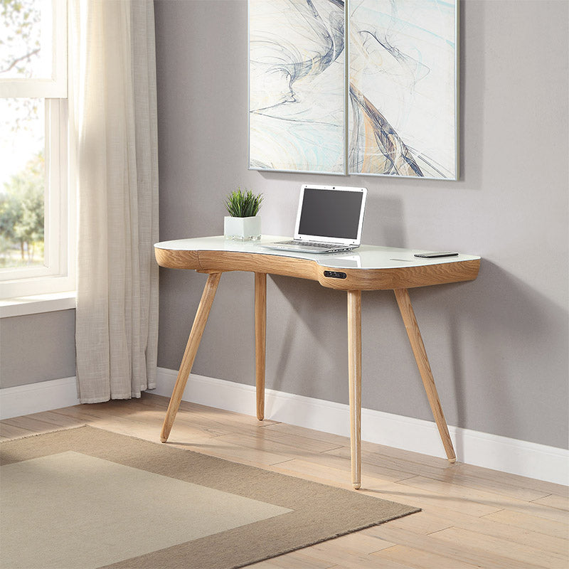 Oakland Ash Wood & White Glass Smart Desk with Speakers & Charger