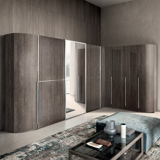 Romeli Ivory Birch Curved 8 Door Corner Mirrored Wardrobe Composition