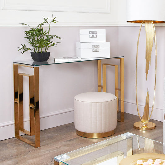 Artis Gold Metal Glass Console Table with Tempered Glass Top