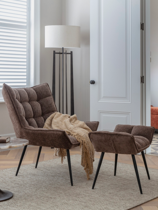 Christina Lounge Chair with Footstool – Brown Chenille