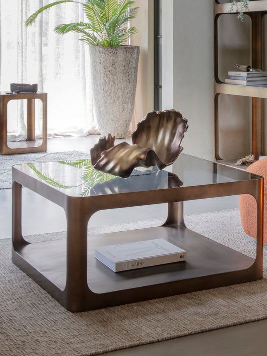 Marlowe Coffee Table – Smoked Gold Frame & Black Glass