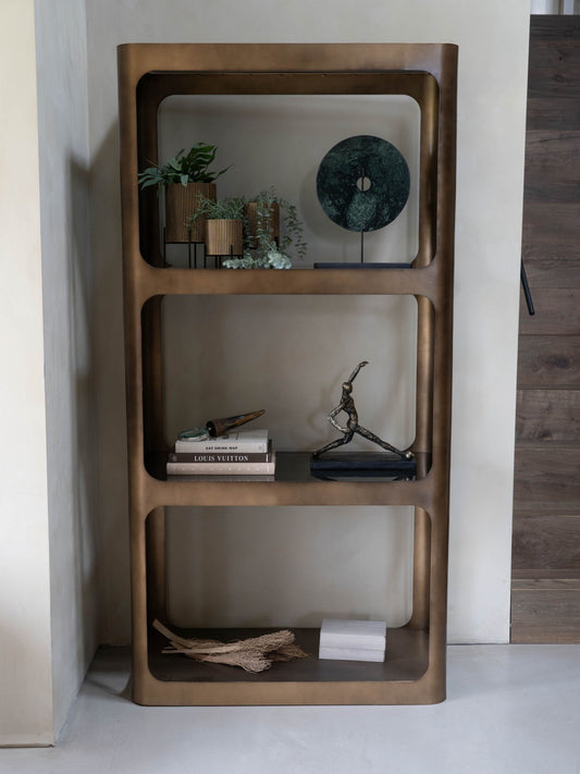 Marlowe Shelving Unit – Smoked Gold Frame & Black Glass