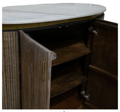 Beau Oval Bar – Marble Top with Ribbed Wood Finish & Brass Accents