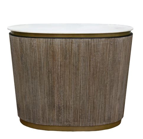Beau Oval Bar – Marble Top with Ribbed Wood Finish & Brass Accents