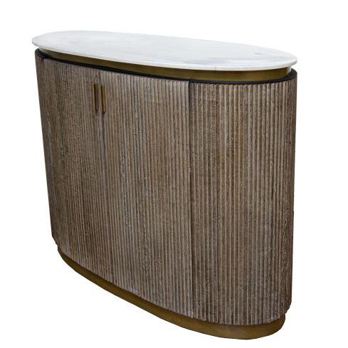 Beau Oval Bar – Marble Top with Ribbed Wood Finish & Brass Accents