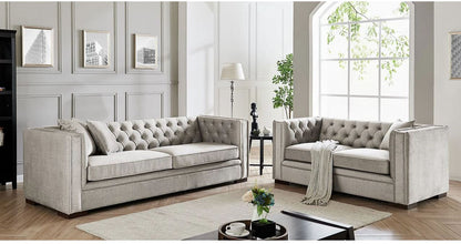 Luxe 3-seater sofa in slate grey with button-back detail, front view