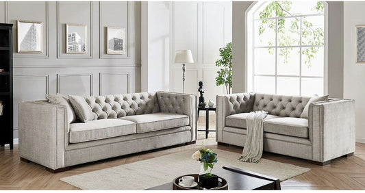 Luxe 3-seater sofa in slate grey with button-back detail, front view