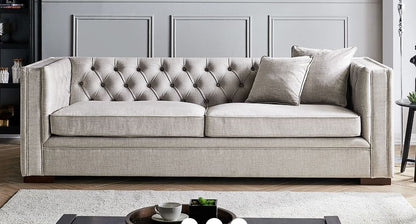 Button-back detail on Luxe slate grey sofa
