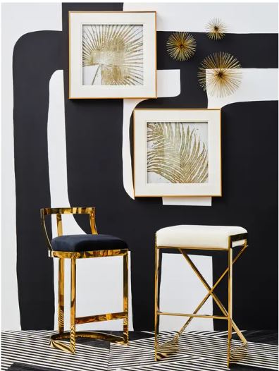 Sorelle Bar Stool – Black or Ivory Velvet with Gold Frame