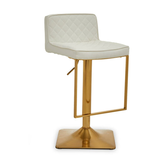 Valella White Faux Leather Diamond Tufted Stool with Gold Base & Gas Lift