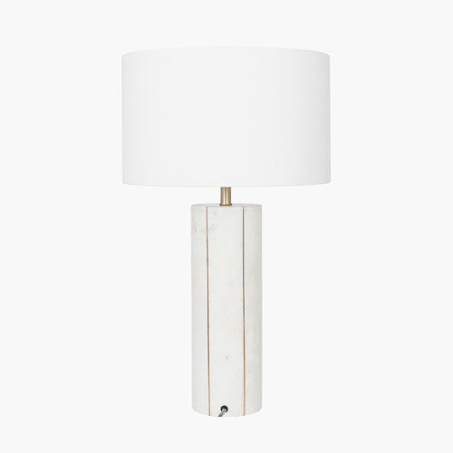 Solid white marble lamp base with brass inlay detail