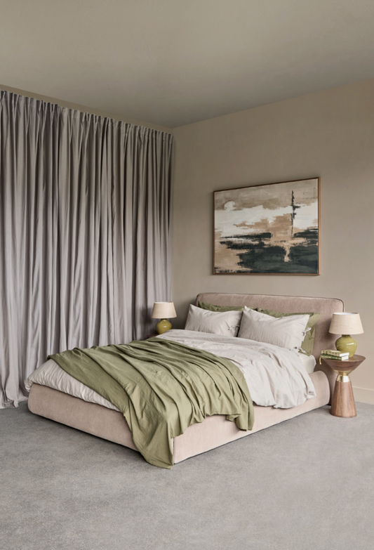 The Winslow Bed – Upholstered 5′ King Size Bed Frame in Soft Beige