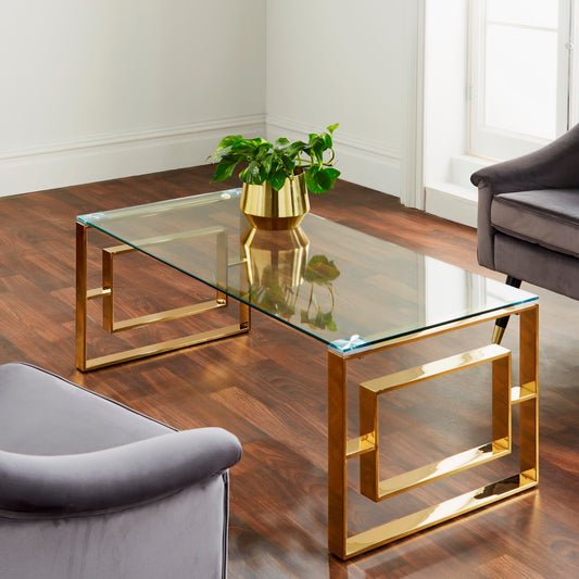 Artis Gold Metal & Glass Coffee Table with Tempered Glass Top