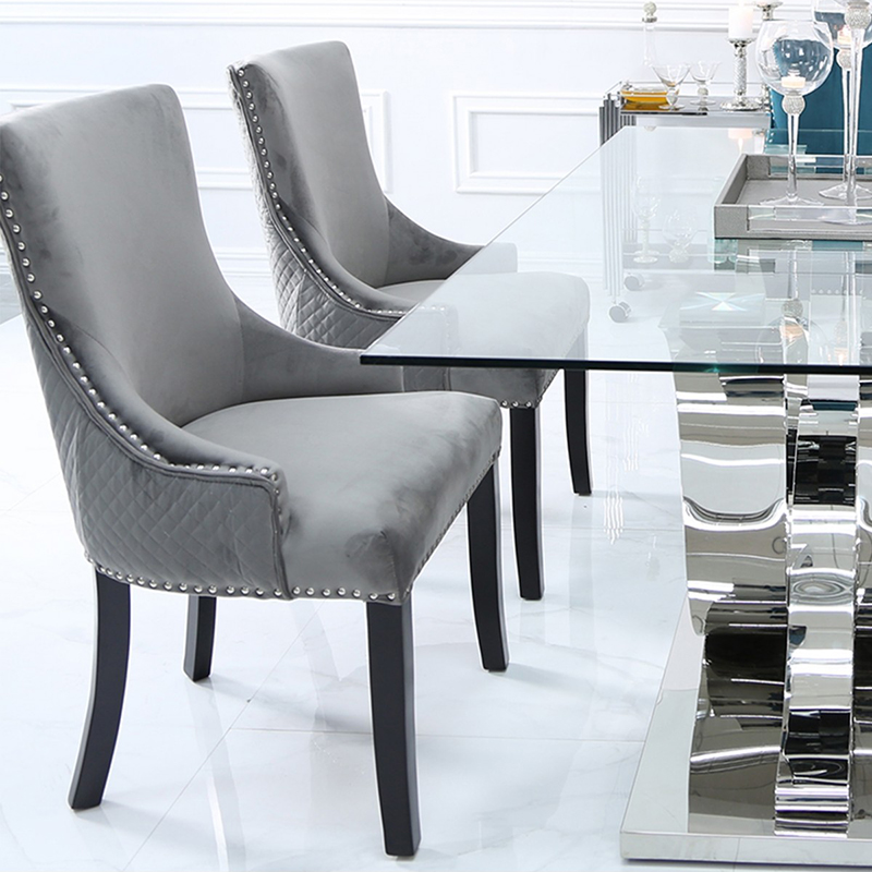 Cardina Glass & Stainless Steel 1.8m 7 Piece Dining Table Set (Grey Chairs)