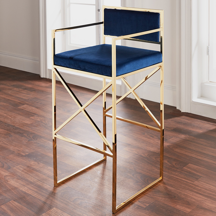 Blue Gold Velvet Bar Chair