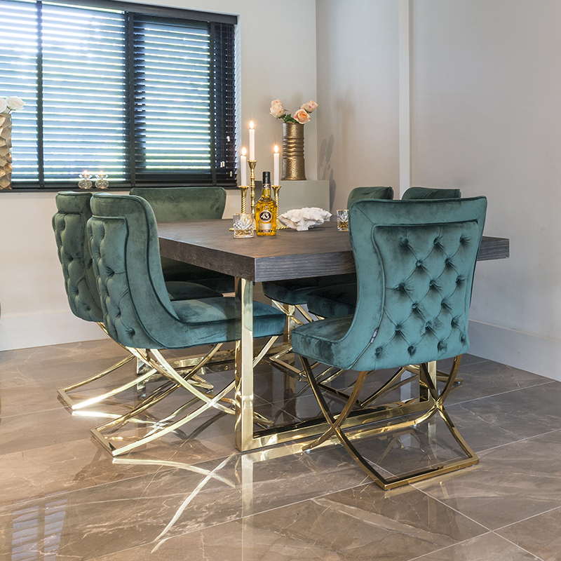 Bronwyn Wood Dining Table and Green Velvet Dining Chairs