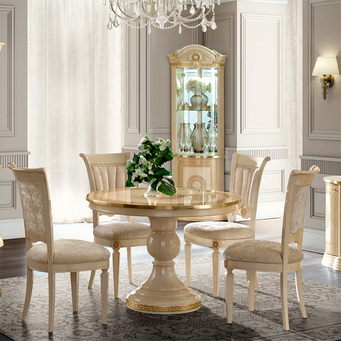 Medusa Italian Round Single Column 1.1-1.5m Cream & Gold Extending Dining Table