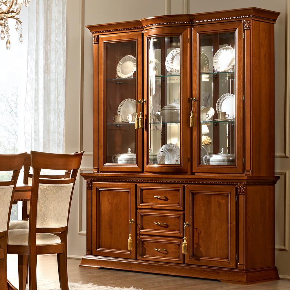 Treviso Ornate Cherry Wood 2 Door 3 Drawer Sideboard & Display Cabinet