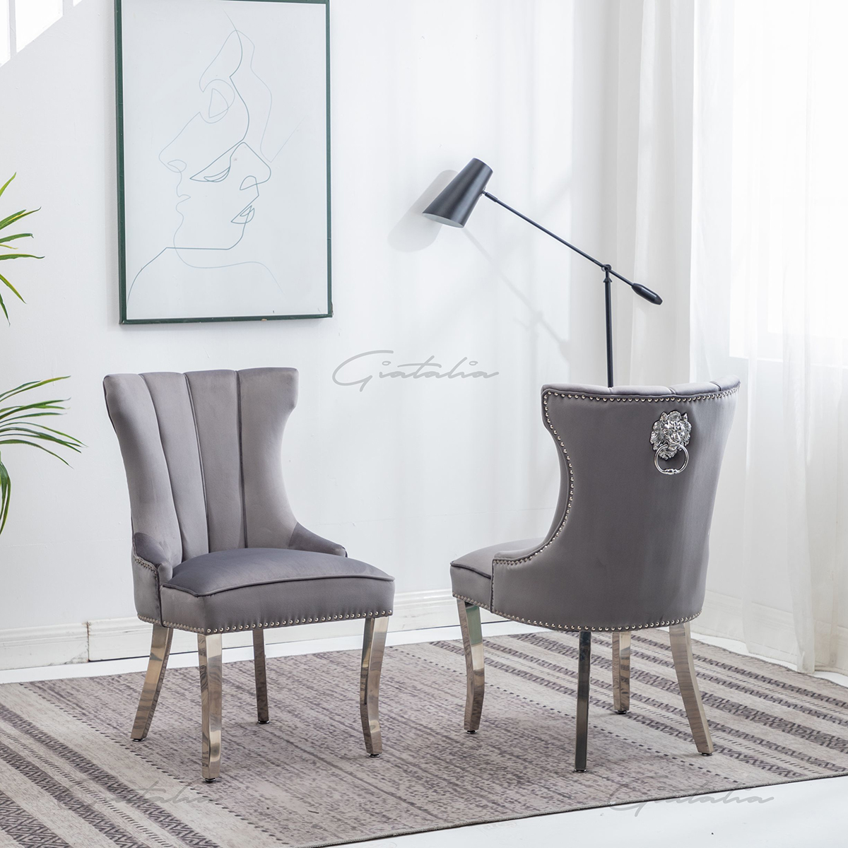 Montpellier Light Grey Velvet Lion Knocker Dining Chair