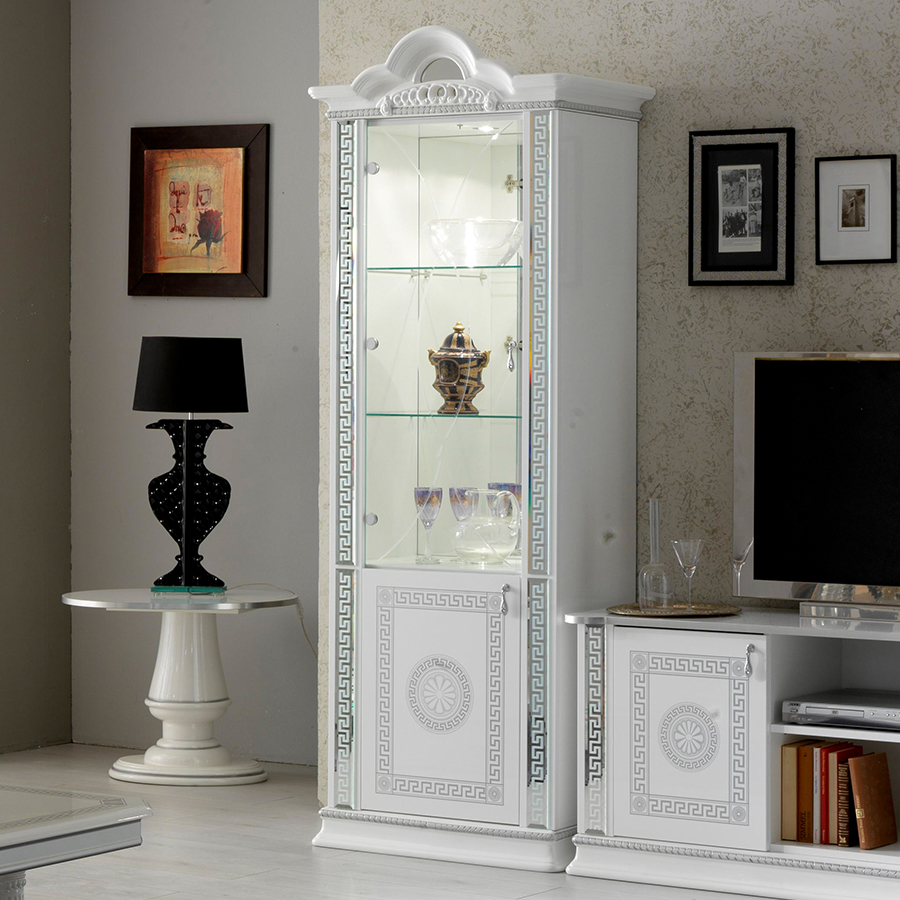Vittorio White & Silver High Gloss 1 Door Display Cabinet